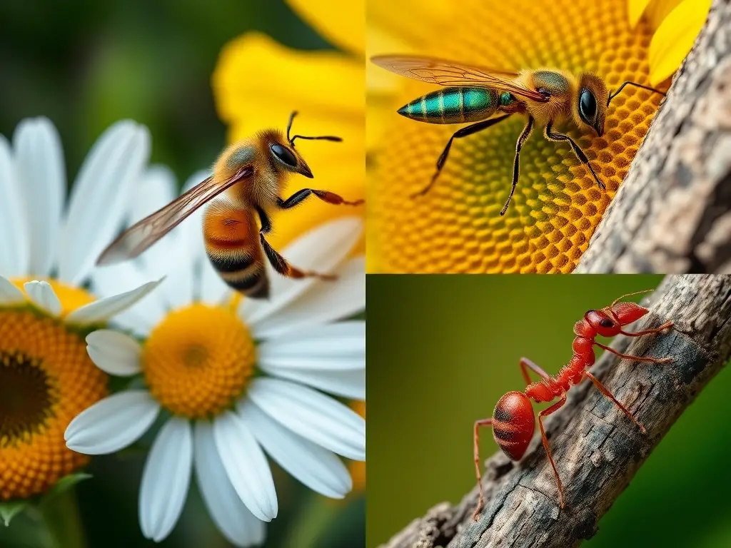 Collage fotorrealista de abeja, avispa y hormiga