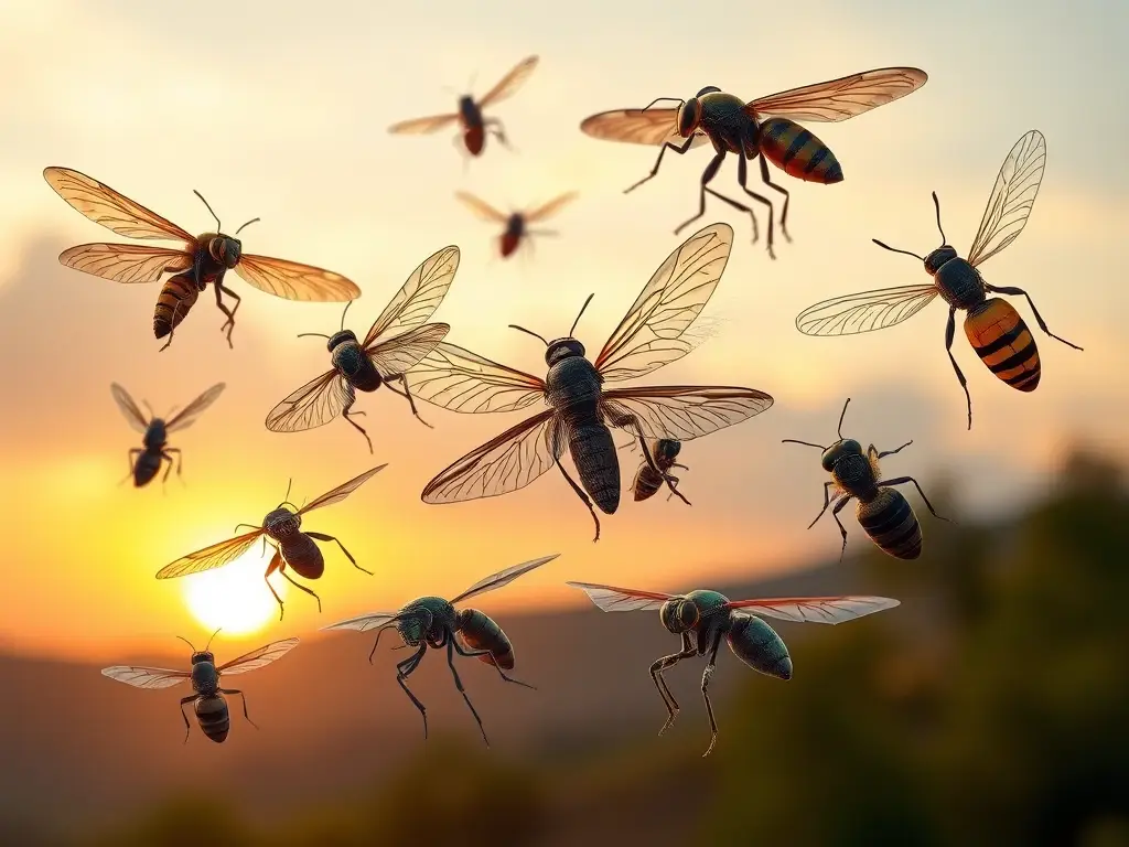 Imagen vectorial de insectos en vuelo con fondo de sol