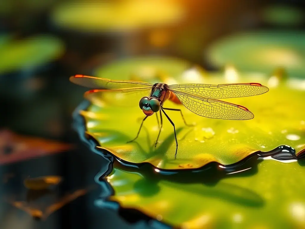 Fotografía realista de un libélula en un brote de agua cercana