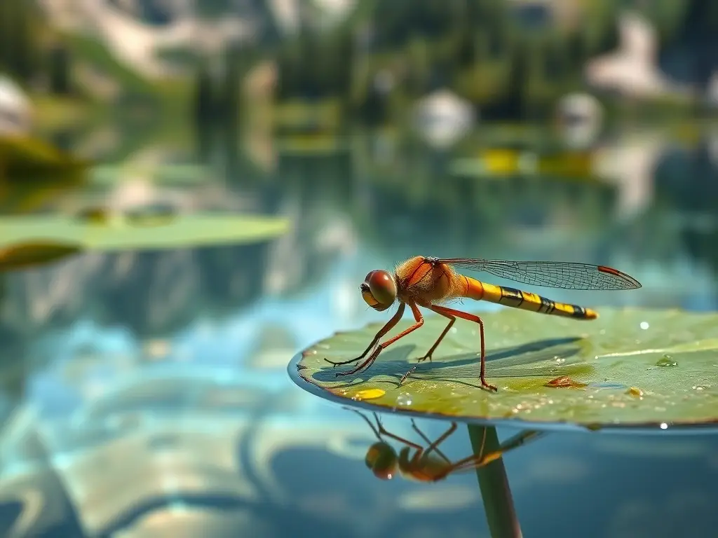 Fotografía realista de un colibrí sobre una hoja de agua cristalina