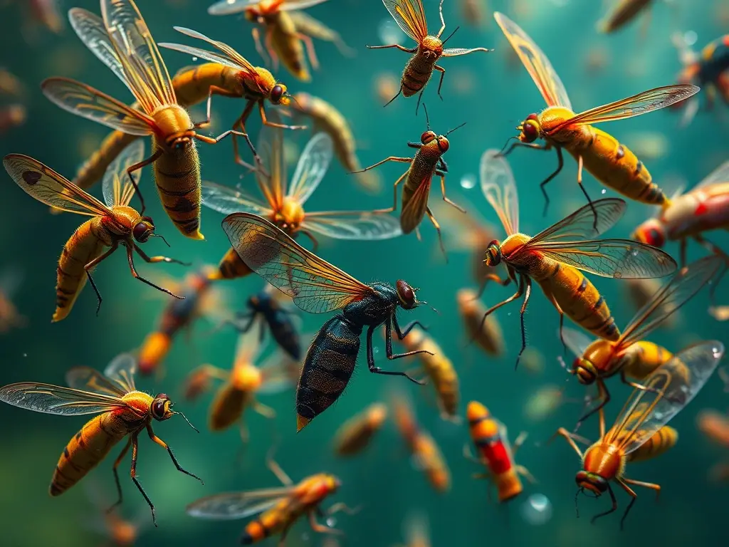 Fotografía realista de insectos acuáticos interactuando con precisión y realismo