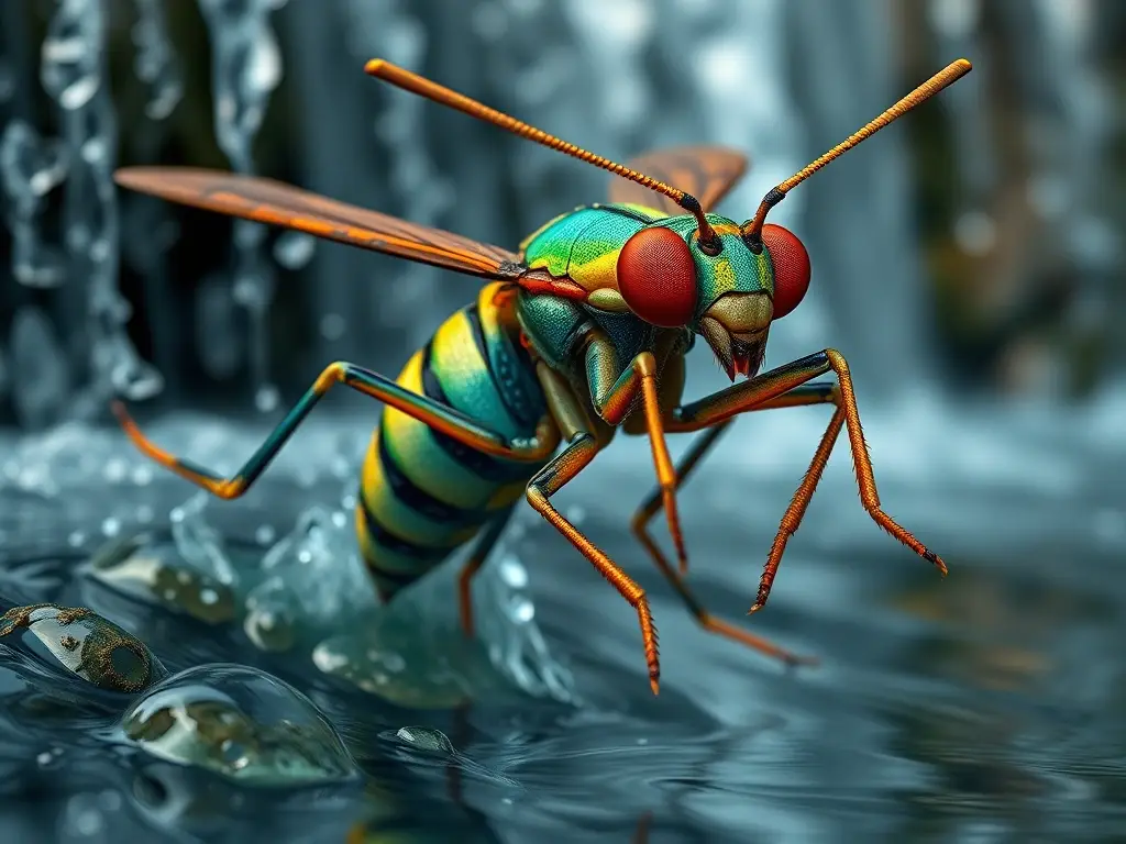 Foto realista de un insecto acuático con camuflaje, ojos y antenas en detalle