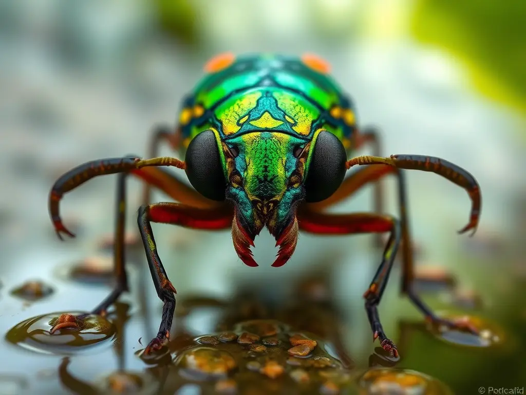 Fotorealista, insecto pequeño brillante con exosqueleto reflectante y detalle chiaroscuro