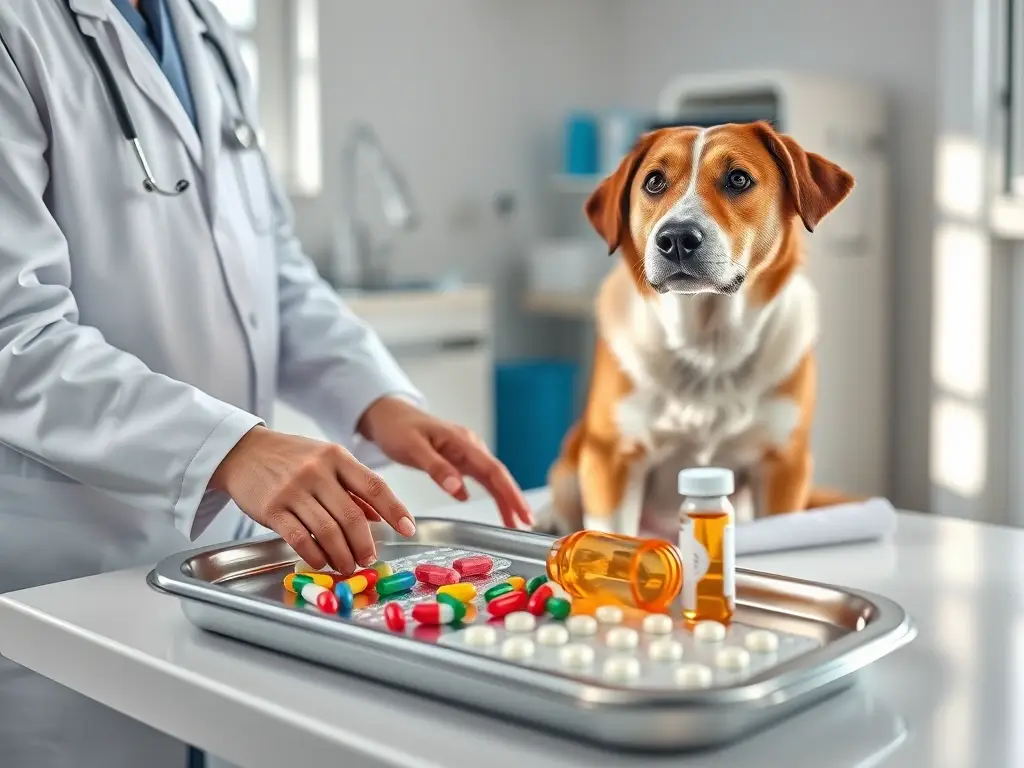 Veterinario examina perro y muestra medicamentos