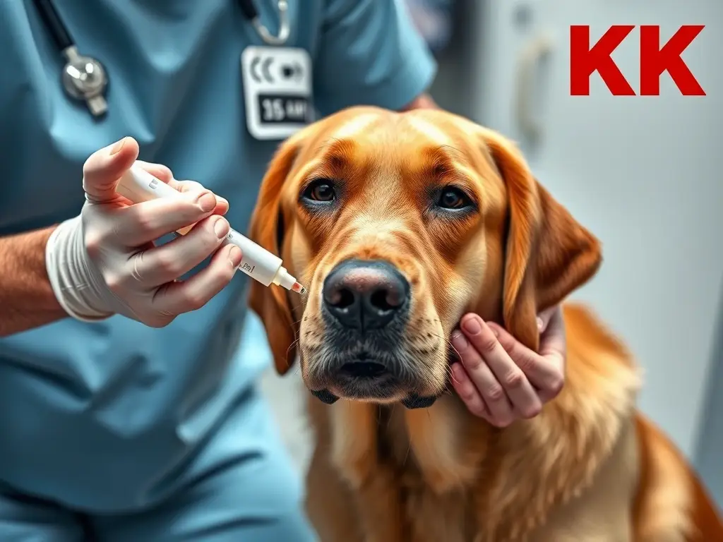 Fotografía realista de un veterinario administrando itraconazole a un labrador sana
