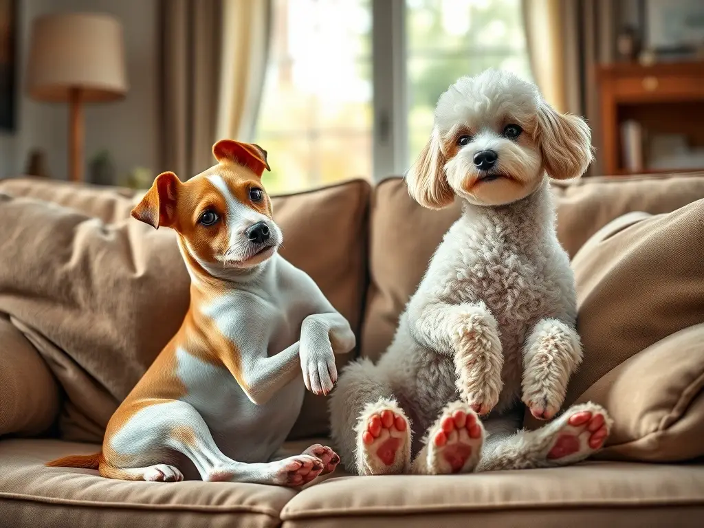 Un retrato realista de Jack Russell y Poodle a la deriva en un sofá