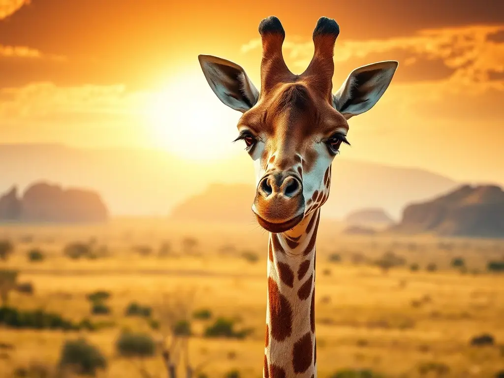 Fotografía realista de una girafa Rothschild con paisaje africano