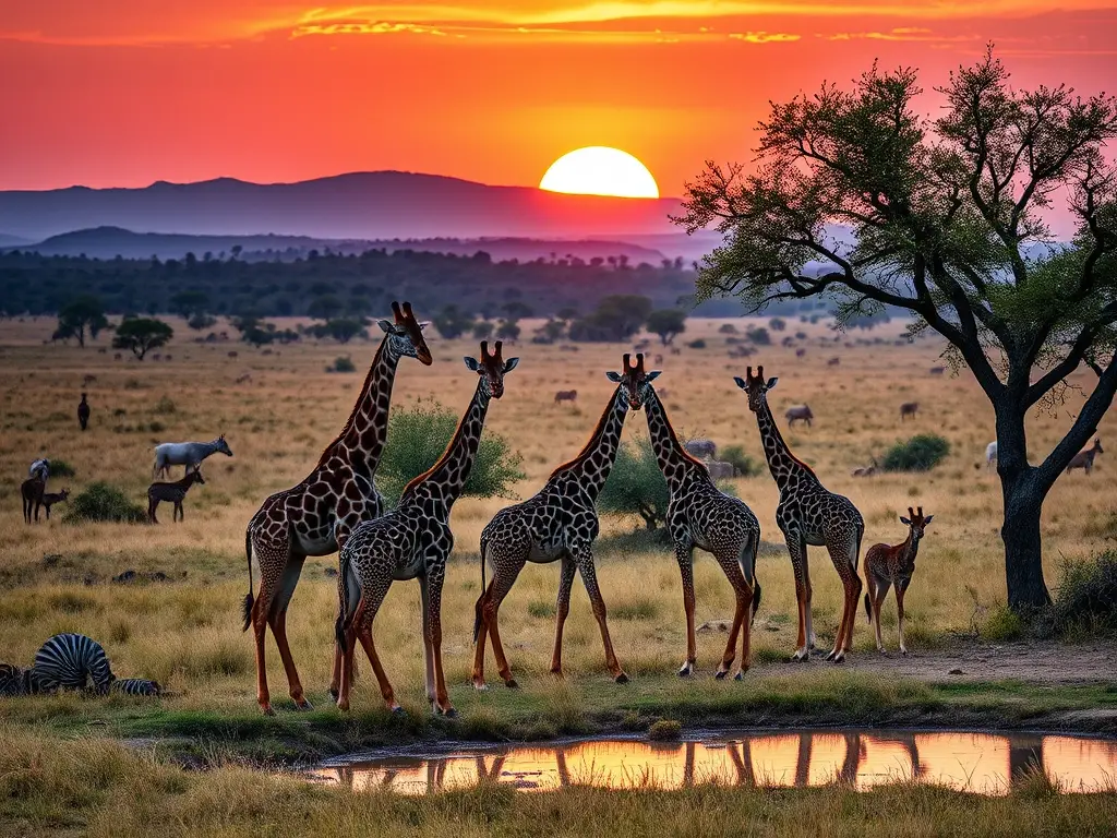 Jirafas pastan en la sabana al atardecer