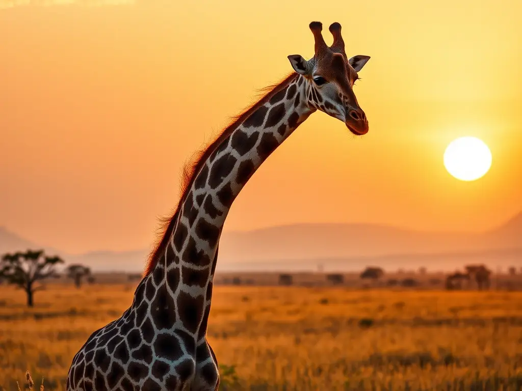 Retrato fotorrealista de jirafa majestuosa al amanecer