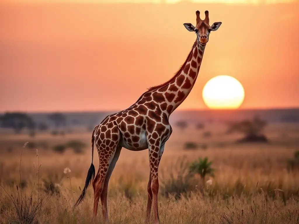 Fotorealista de un Giraffa con la puesta de sol en el fondo