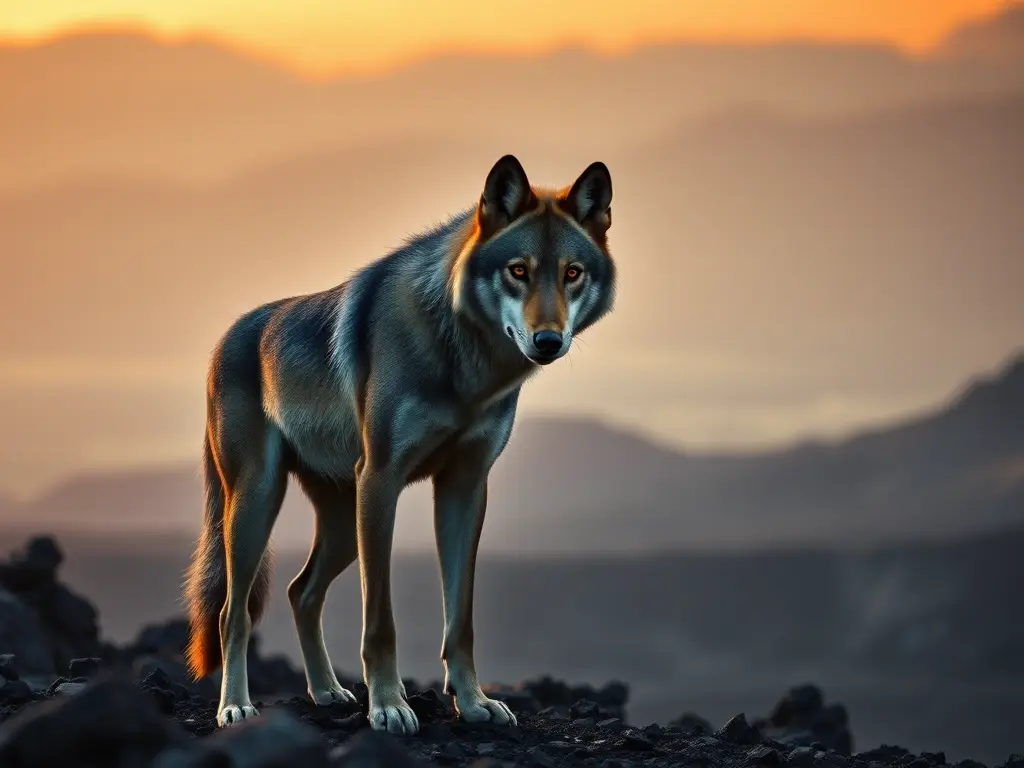 Fotografía realista de un lobo con músculos fuertes en un paisaje volcánico