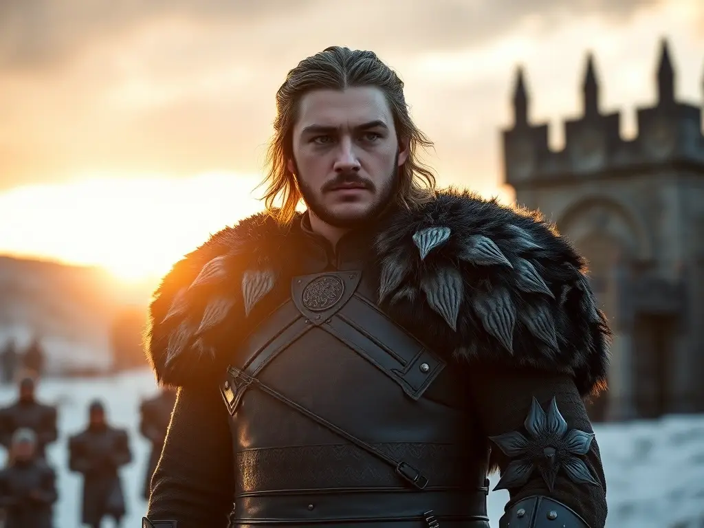 Foto en estilo realista de Jon Snow con armadura, mirando hacia el atardecer