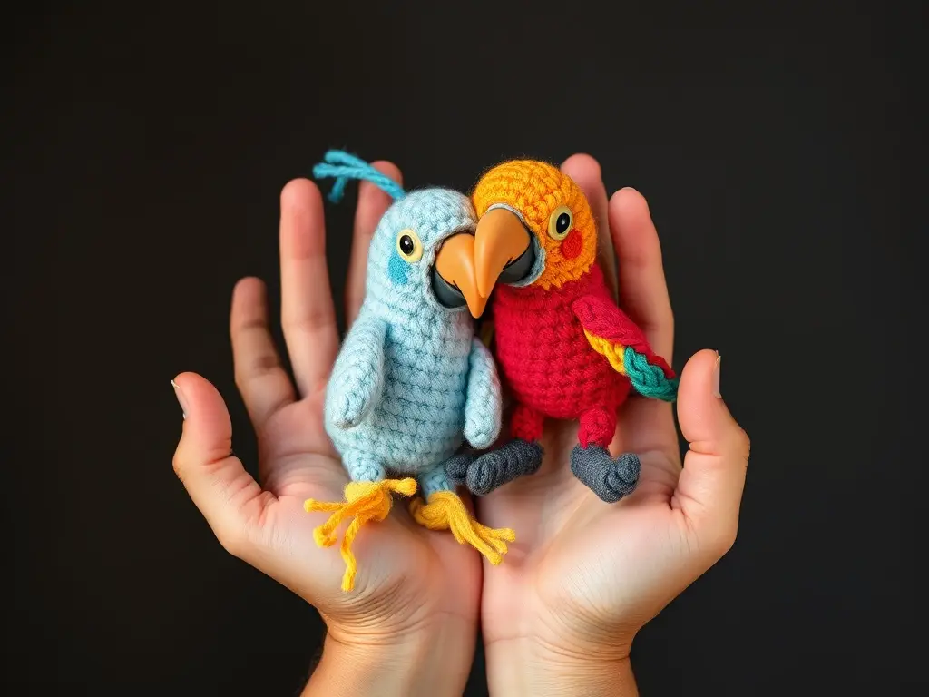Fotografía realista de manos con juguetes de ganchillo coloridos para un pájaro, 8k