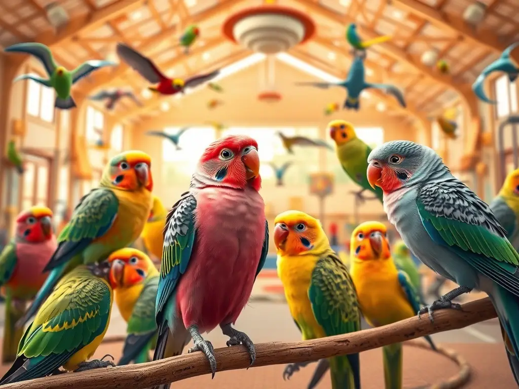 Ilustración realista y precisa de parakeets jugando en un gimnasio diseñado para ellos