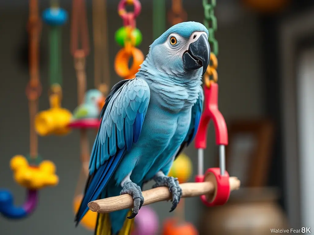 Imagen fotorealista de un loro azul y gris con juguetes interactivos