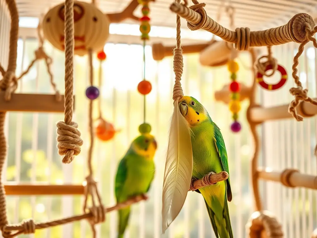 Jaula luminosa con pericos y juguetes coloridos
