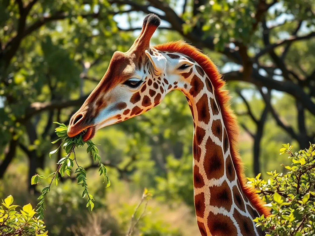 Fotografía realista de un giraffe comiendo hojas en savana