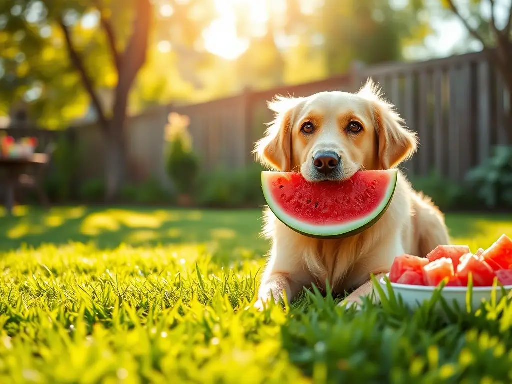 Perro juguetón con sandía en césped