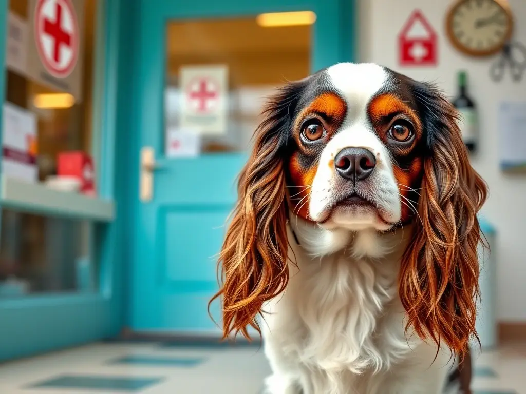 Fotografía realista de un Cavalier King Charles Spaniel cerca de una clínica veterinaria