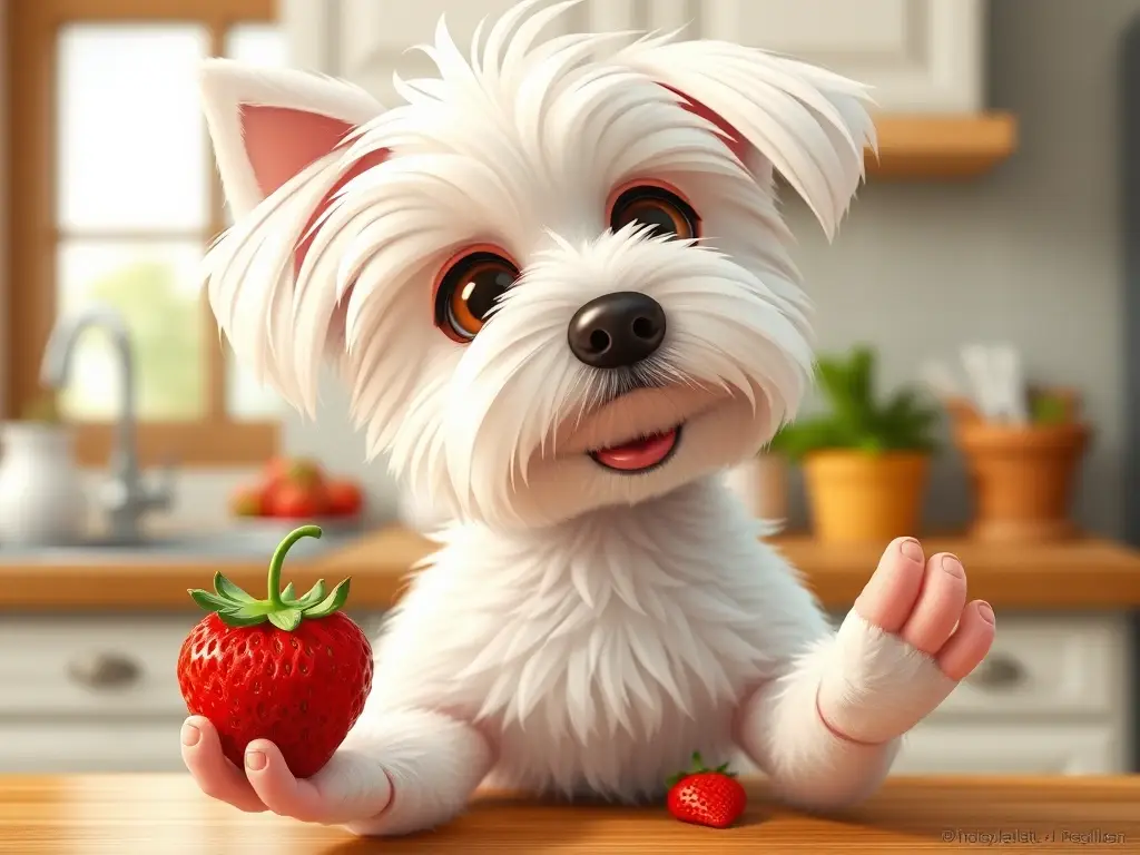 Foto realista de un perro Maltese cartoon comiendo fresa en la cocina