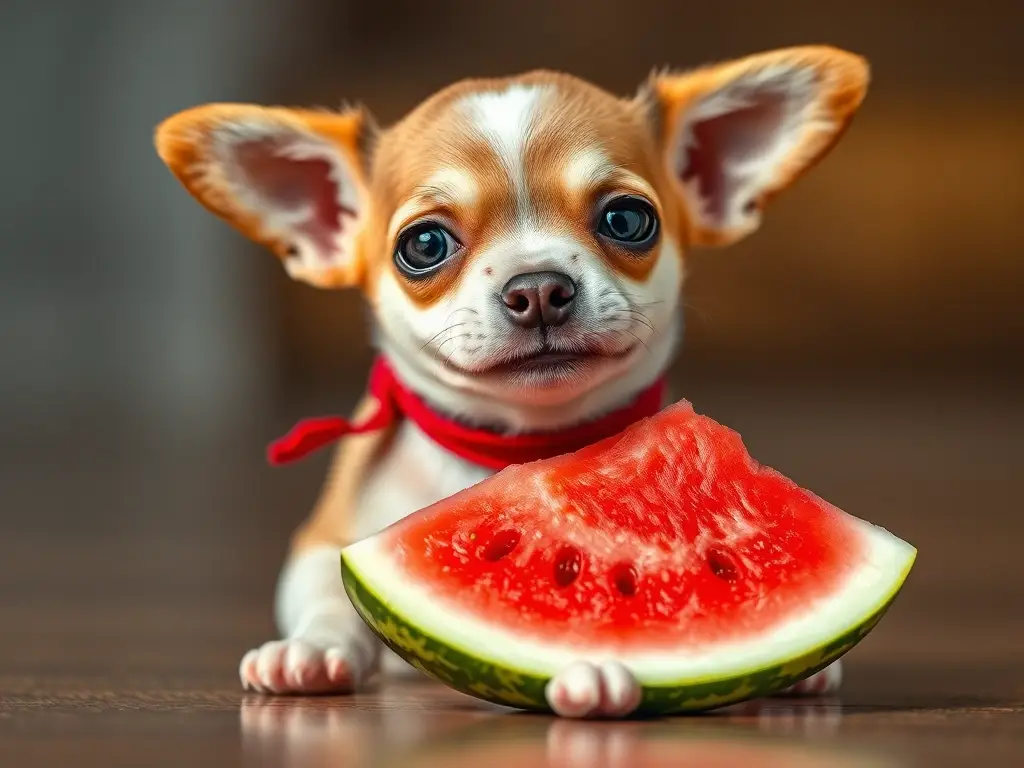 Fotografía real y atractiva de un chihuahua con un pedazo de sandía