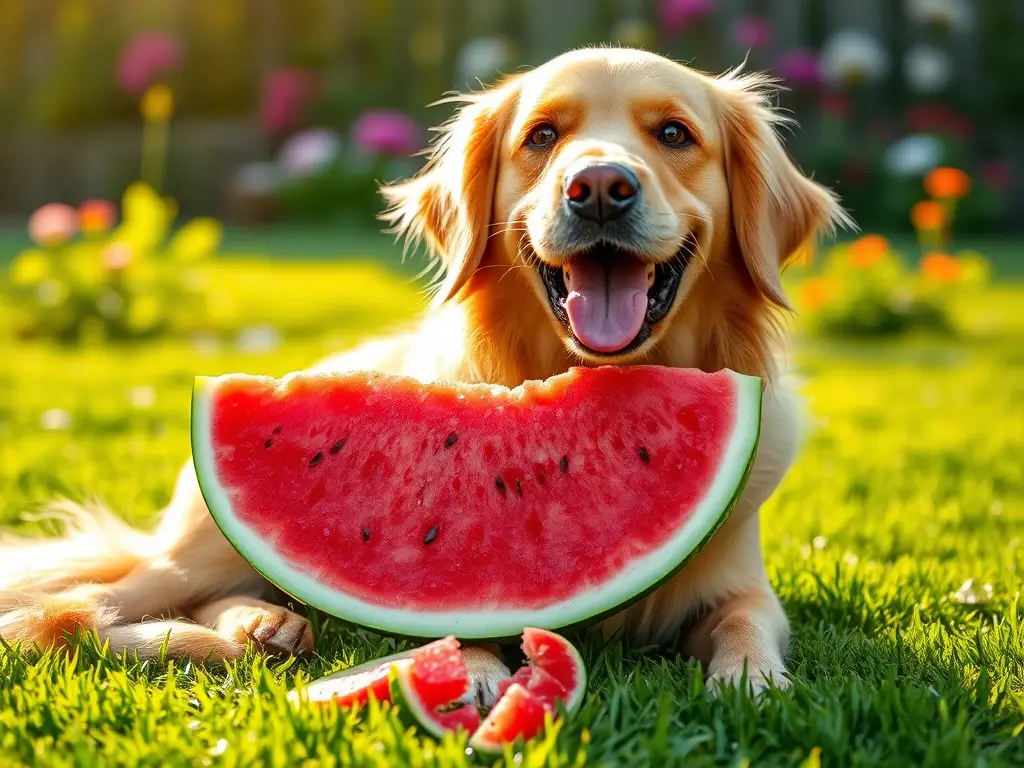 Golden retriever feliz con sandía bajo sol