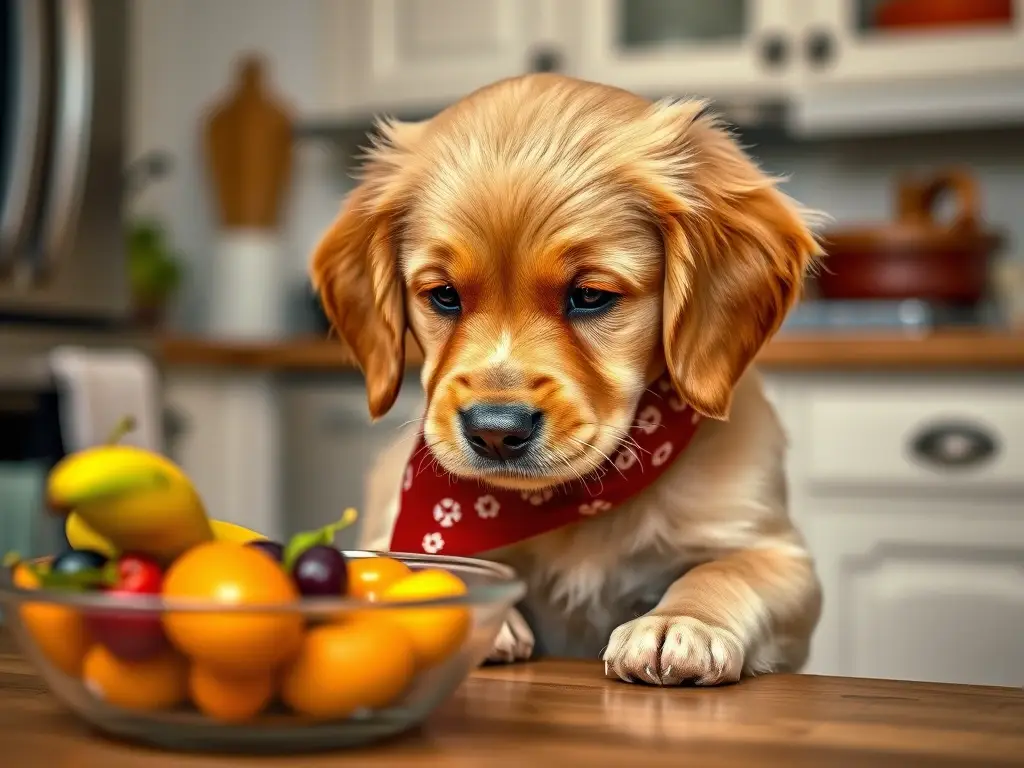 Un retrato de un golden retriever con pañuelo observando frutas en una cocina
