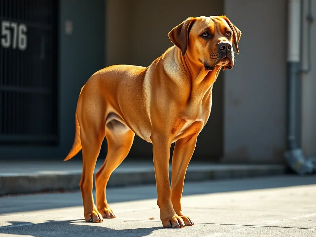 Foto realista de labrador muscular, concentrado, en concreto brillante