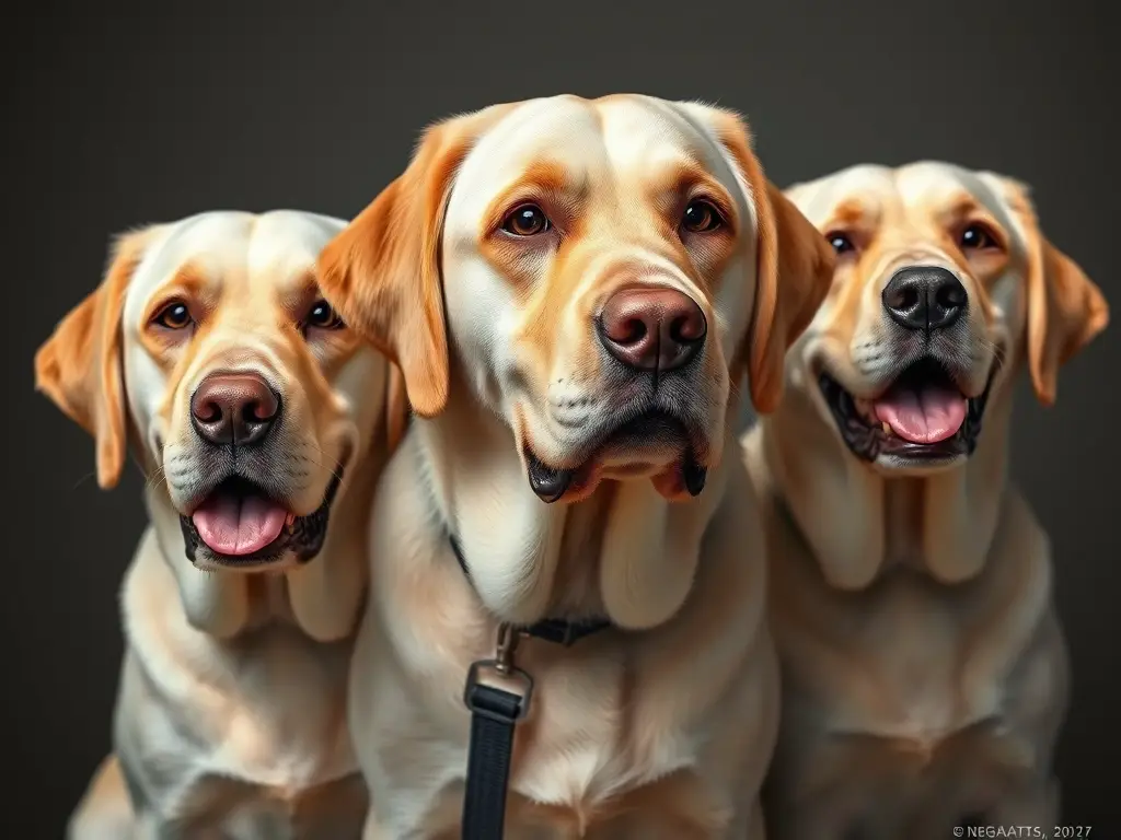 Imagen realista de tres labrador con dueños, natural y detallada