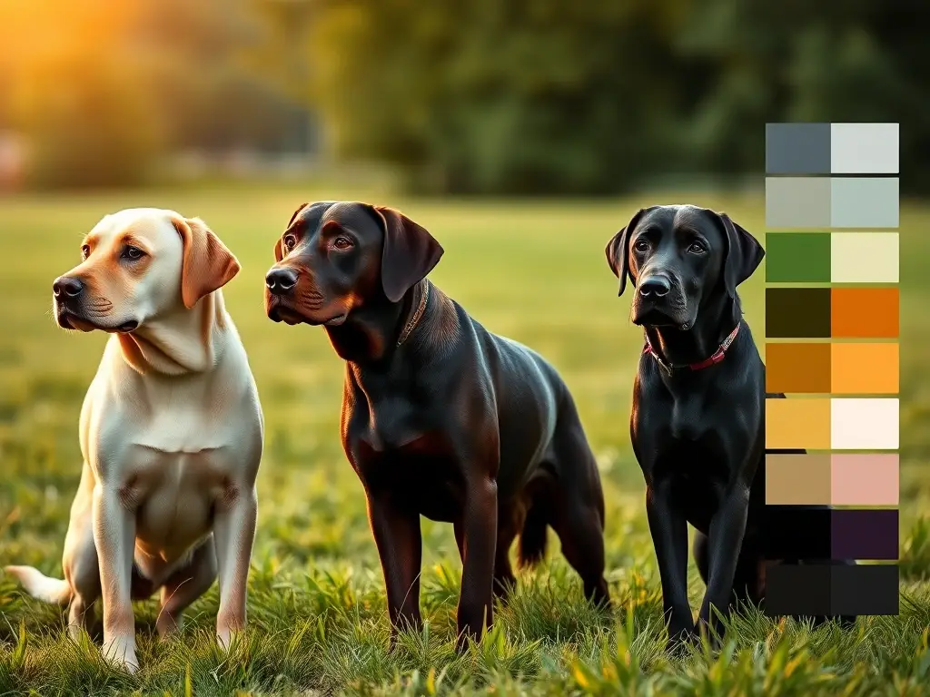 Tres Labradores de colores en prado