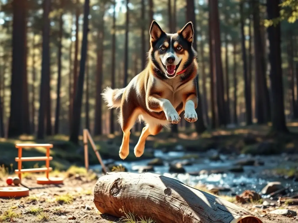 Perro Labsky saltando sobre tronco en bosque