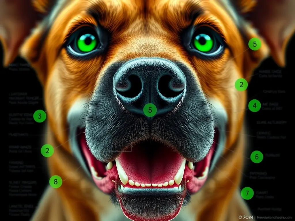 Diagrama médico detallado, realista, de rostro de perro con síntomas