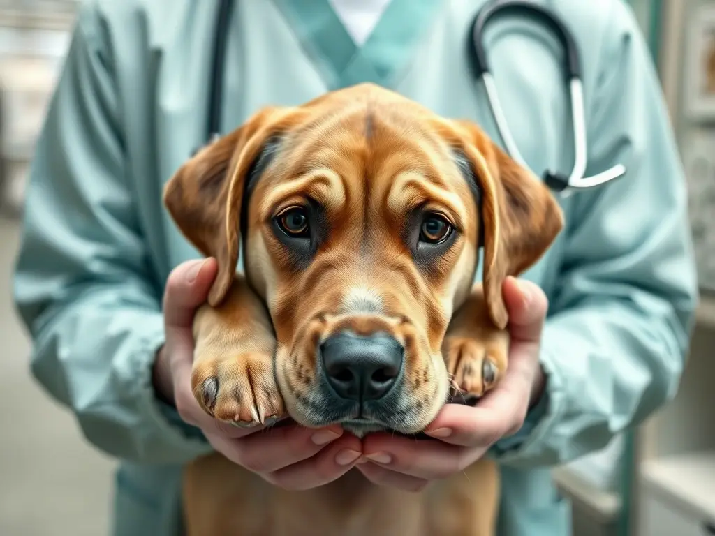 Veterinario con labrador rescue en una clínica, 8K, realista