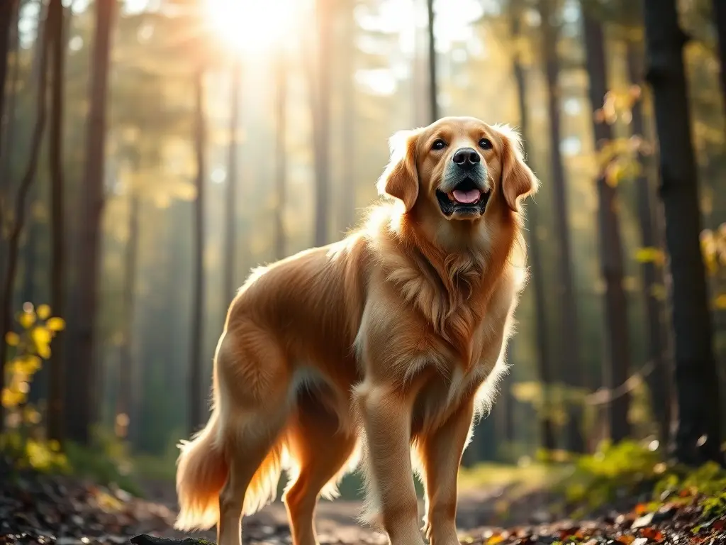 Foto realista de un labrador retriever majestuoso en un bosque soleado