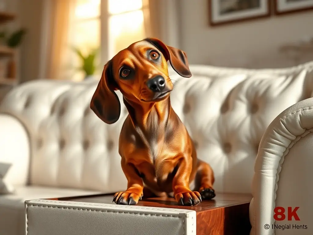 Fotografía realista de un Dachshund con mirada inquisitiva en una sala de estar
