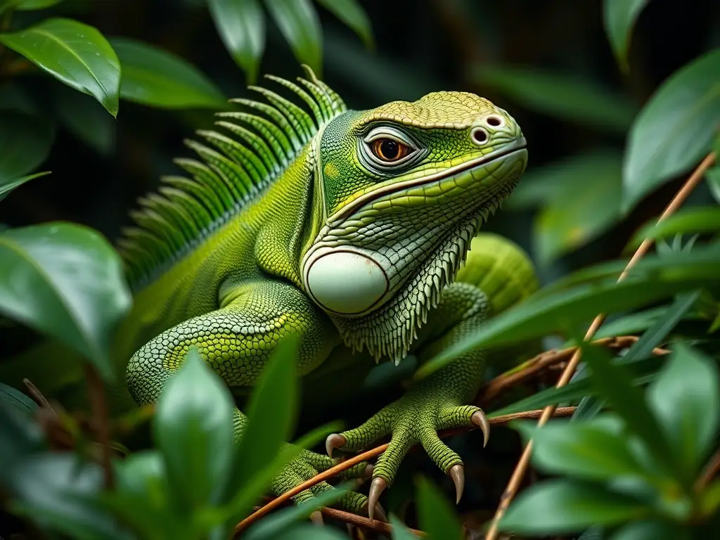 Fotografía realista de iguana verde, poderosa y natural, sin distorsiones