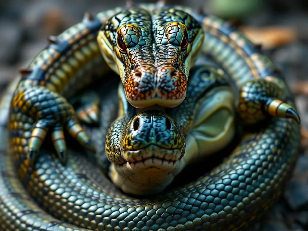 Una fotorealista de serpiente y crocodilo alerta con detalles precisos