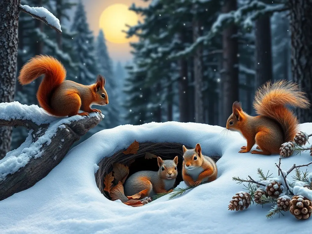 Bosque invernal al crepúsculo, tres ardillas hibernando