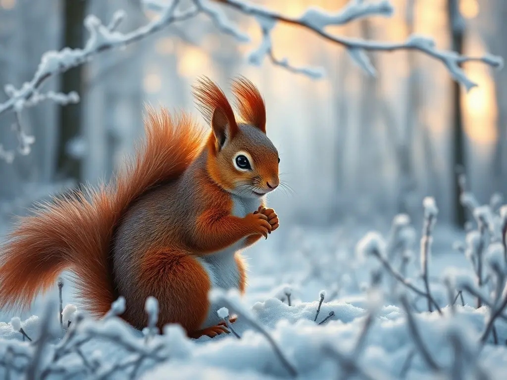 Fotografía realista de sables rojos dormidos en un bosque de nieve