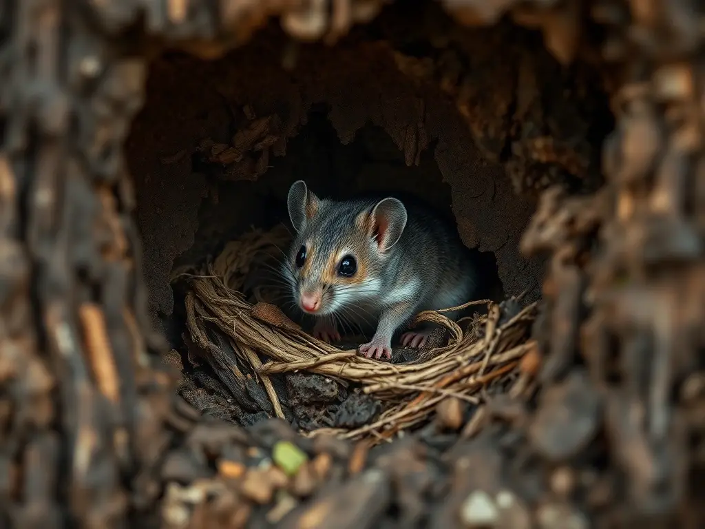 Foto realista de un agujero en un árbol con un nido de campo de ratón