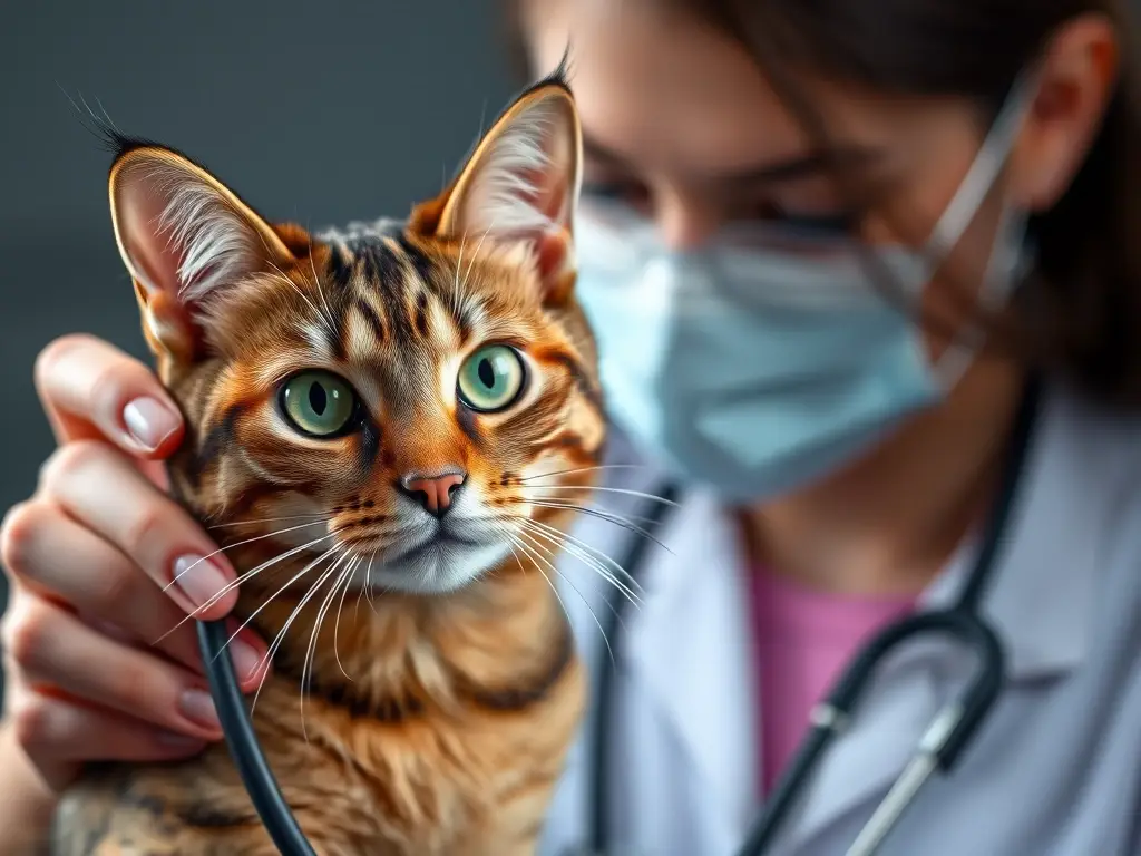 Fotografía realista de un veterinario con un gato tabby
