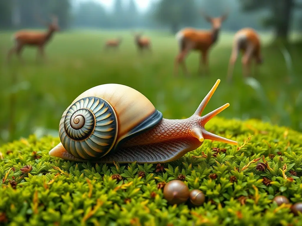 Imagen realística y detallada de una concha de Helix pomatia con detalles en un campo verde