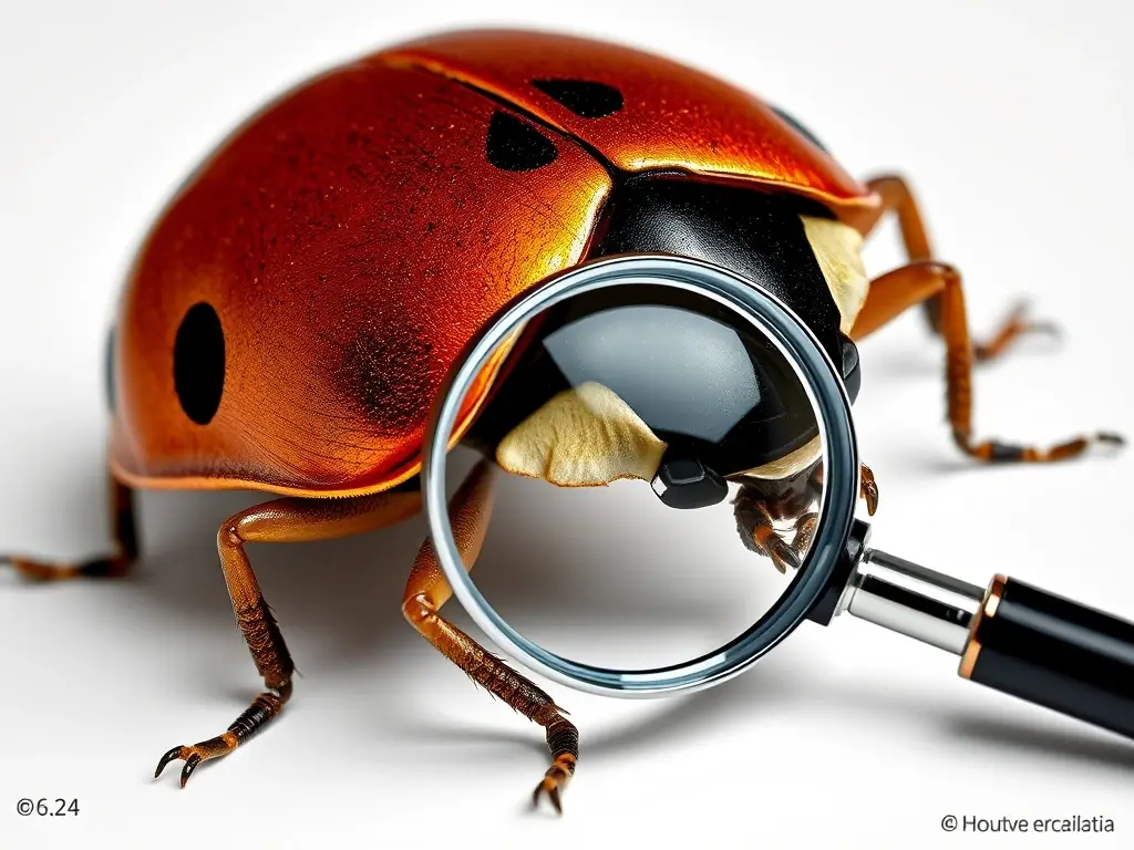 Fotografía realista de una mariquita inspeccionando con alta resolución