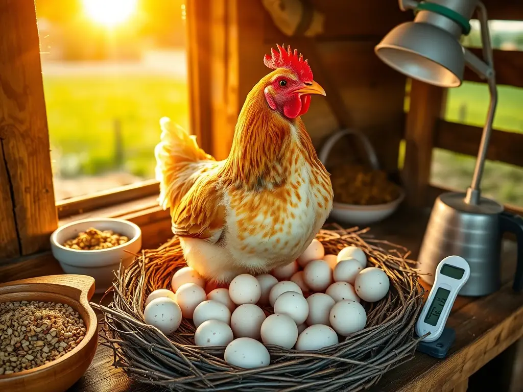 Gallina sana en nido con huevos dorados