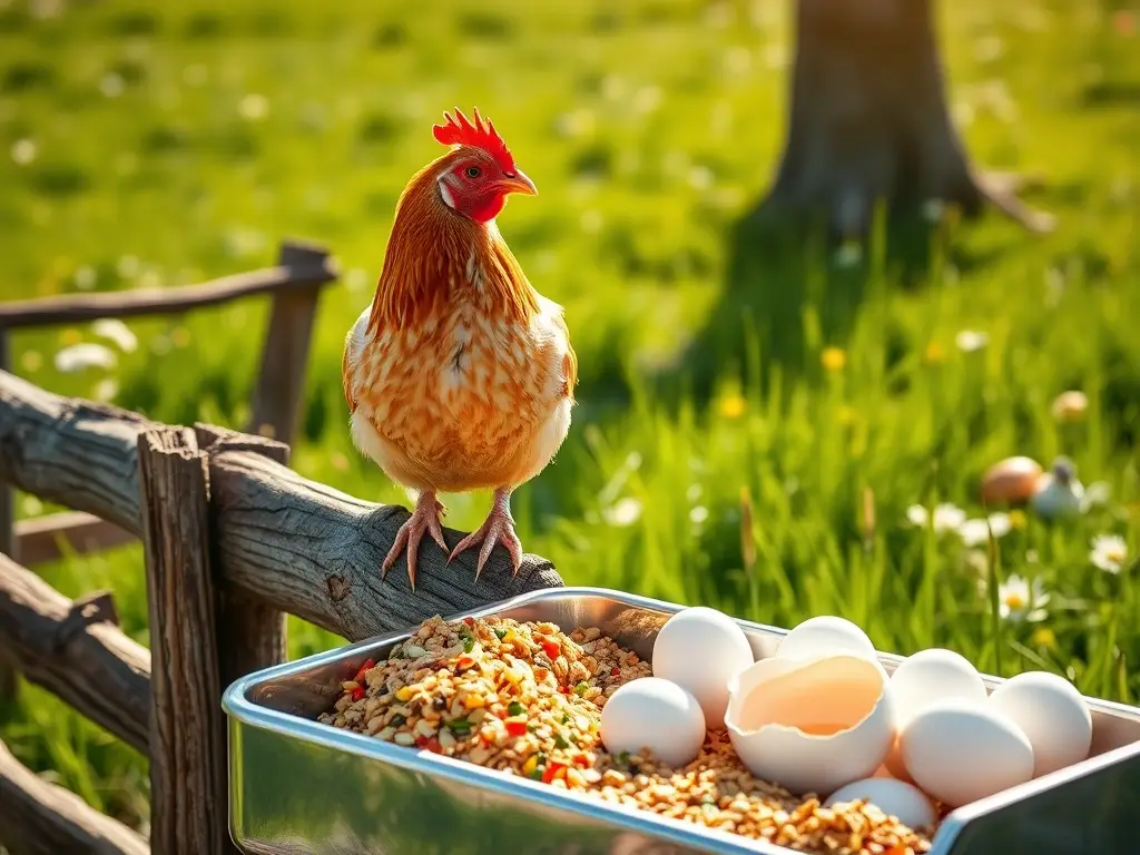 Gallina luminosa en cerca, huevos y alimento