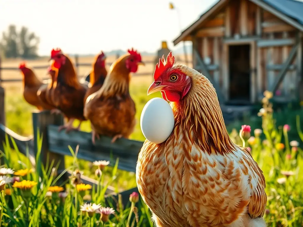 Gallinas en campo soleado con huevo