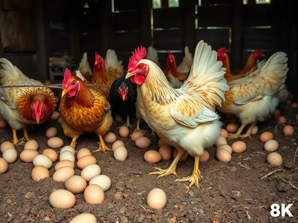 Imagen realista de un huerto de gallinas con huevos cuidadosamente colocados