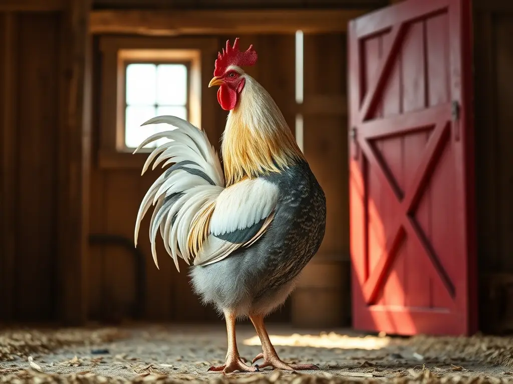 Imagen realista de gallo en un granero con detalles naturales