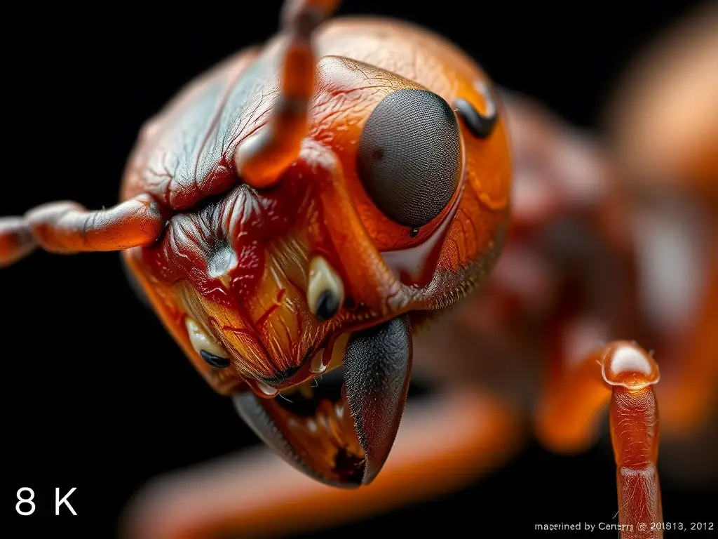 Fotografía realista y detallada de la cabeza de una hormiga con sistema circulatorio visible