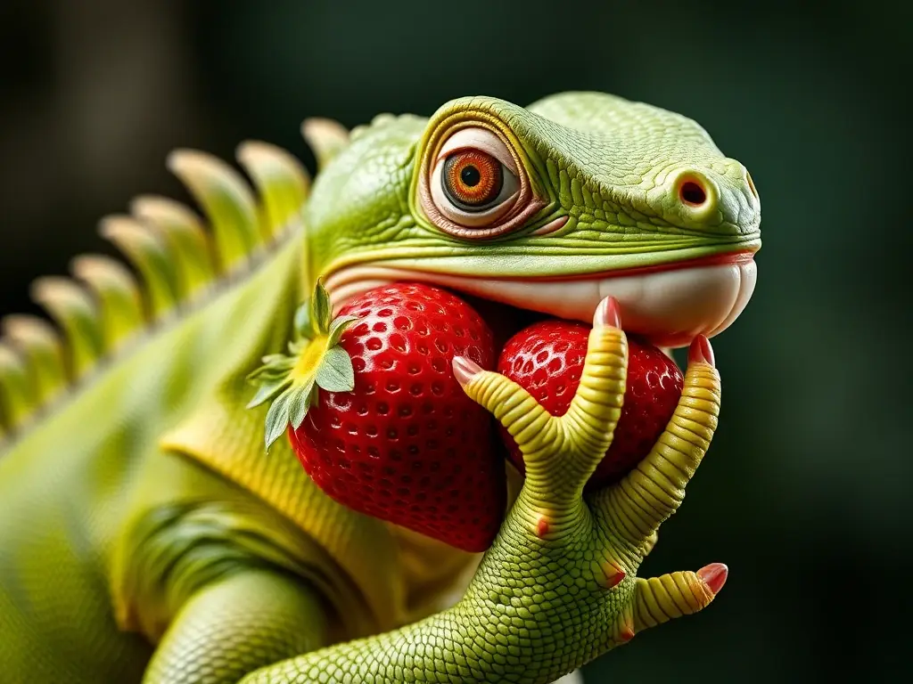 Imagen realista de iguana verde con fresa roja en la boca